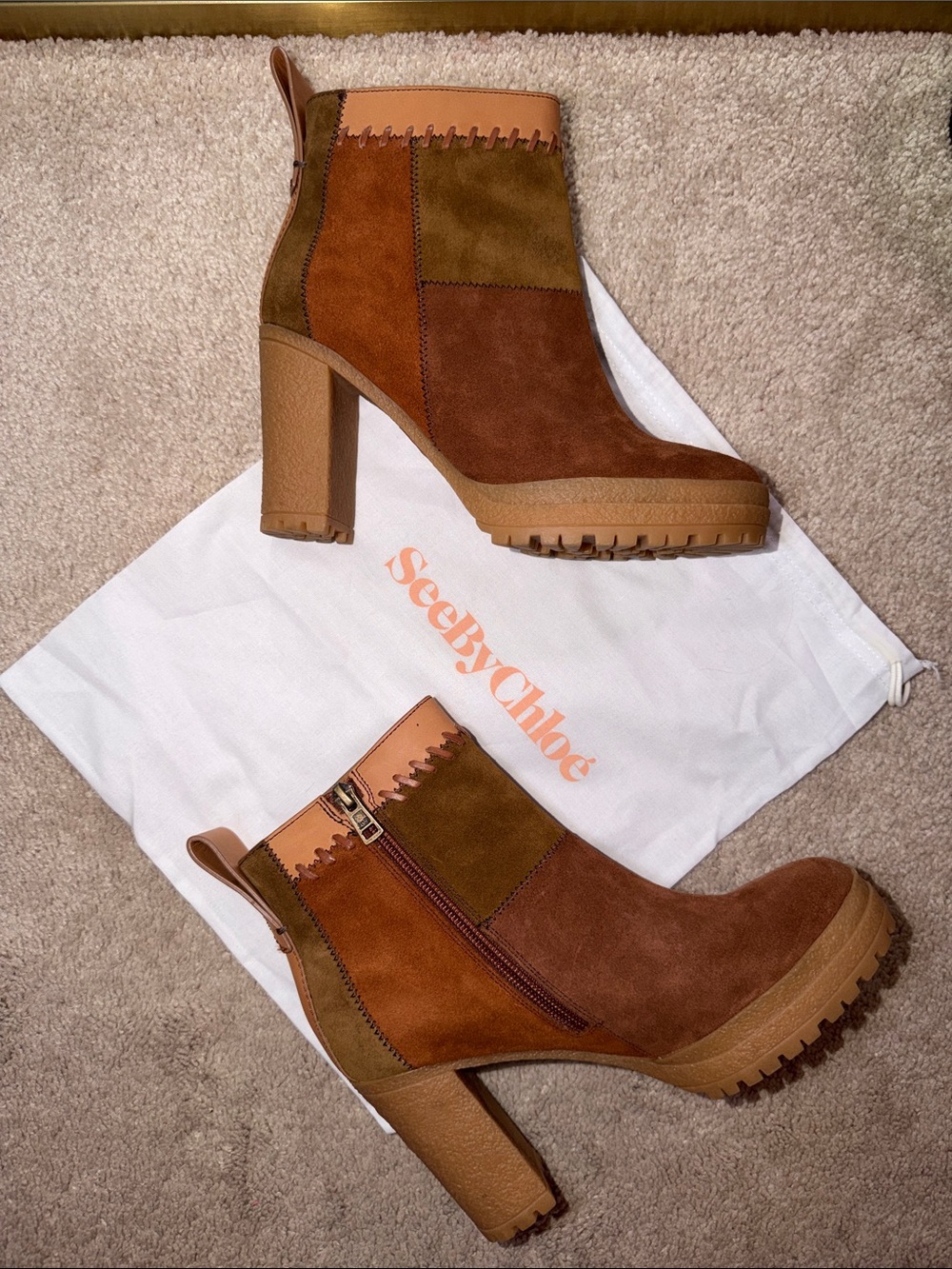 See By Chloe Claudia Two-Tone Brown Suede Patchwork High Heel Ankle Boots